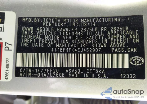 2014 Toyota Camry Se z USA, uszkodzony, nr VIN 4T1BF1FK4EU452907